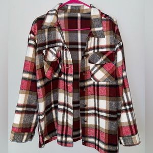Burgundy Plaid Shacket With Pockets. Size Medium.